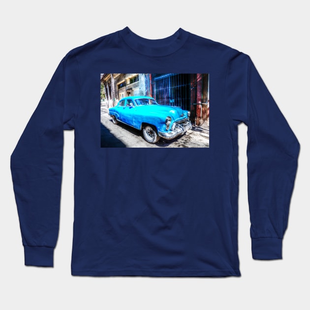 Mean Machine, Blue Car In Havana Long Sleeve T-Shirt by tommysphotos